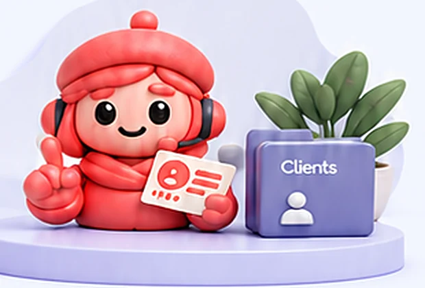 Le Néti CRM corail tient une fiche de contact, à côté d’un dossier Clients
