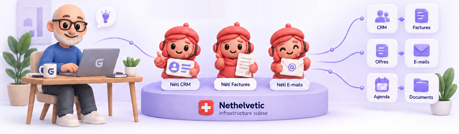 Jérôme travaille à son bureau. Ses demandes passent par les Néti CRM, Factures et E-mails, posés sur l’infrastructure suisse Nethelvetic, qui relient le CRM, les factures, les offres, les e-mails, l’agenda et les documents.
