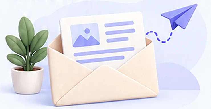 Une lettre d’information qui sort d’une enveloppe, avec un avion en papier
