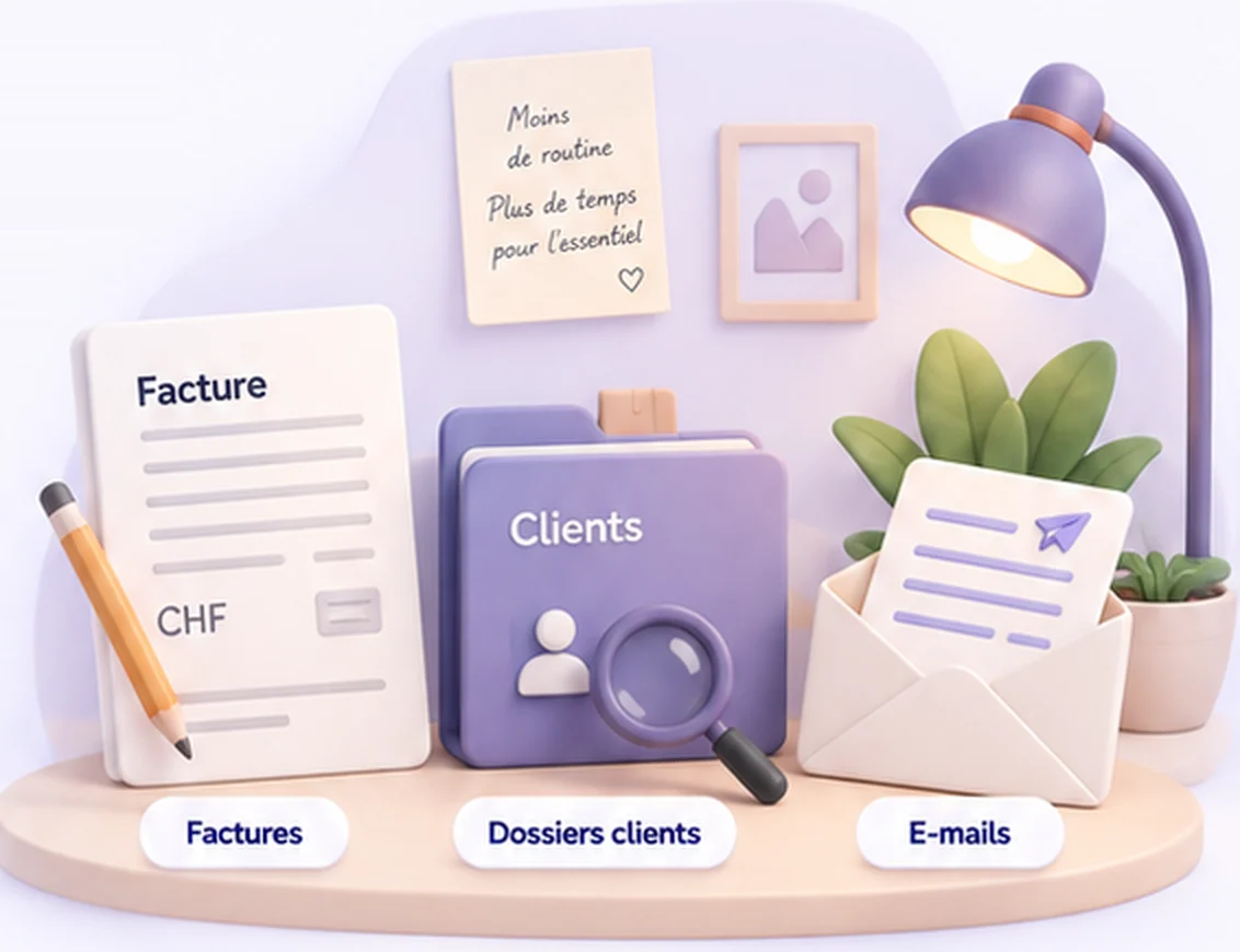 Un bureau avec une facture en CHF, un dossier clients et des e-mails, sous une lampe