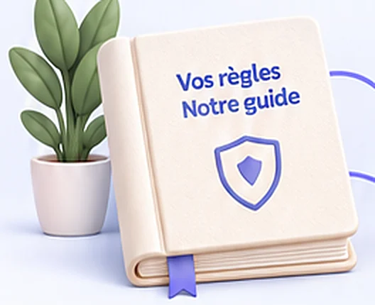 Un livre « Vos règles, notre guide » marqué d’un bouclier