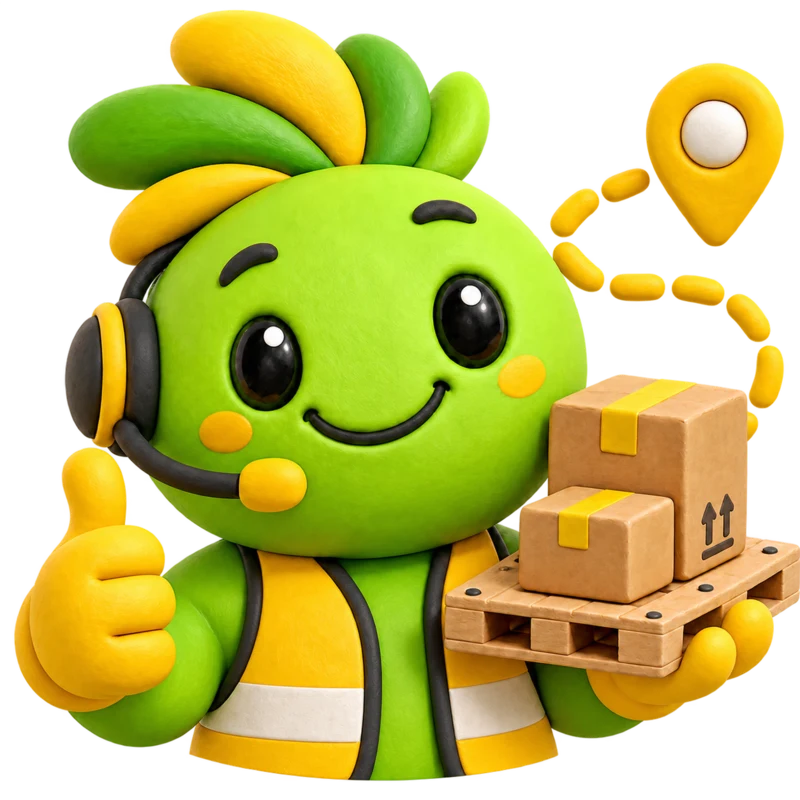 Néti Ça tourne vert et jaune, avec casque, gilet et palette