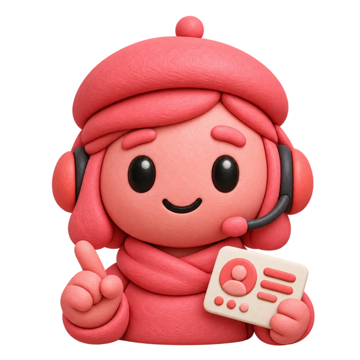 Néti CRM corail, avec béret, casque et fiche de contact